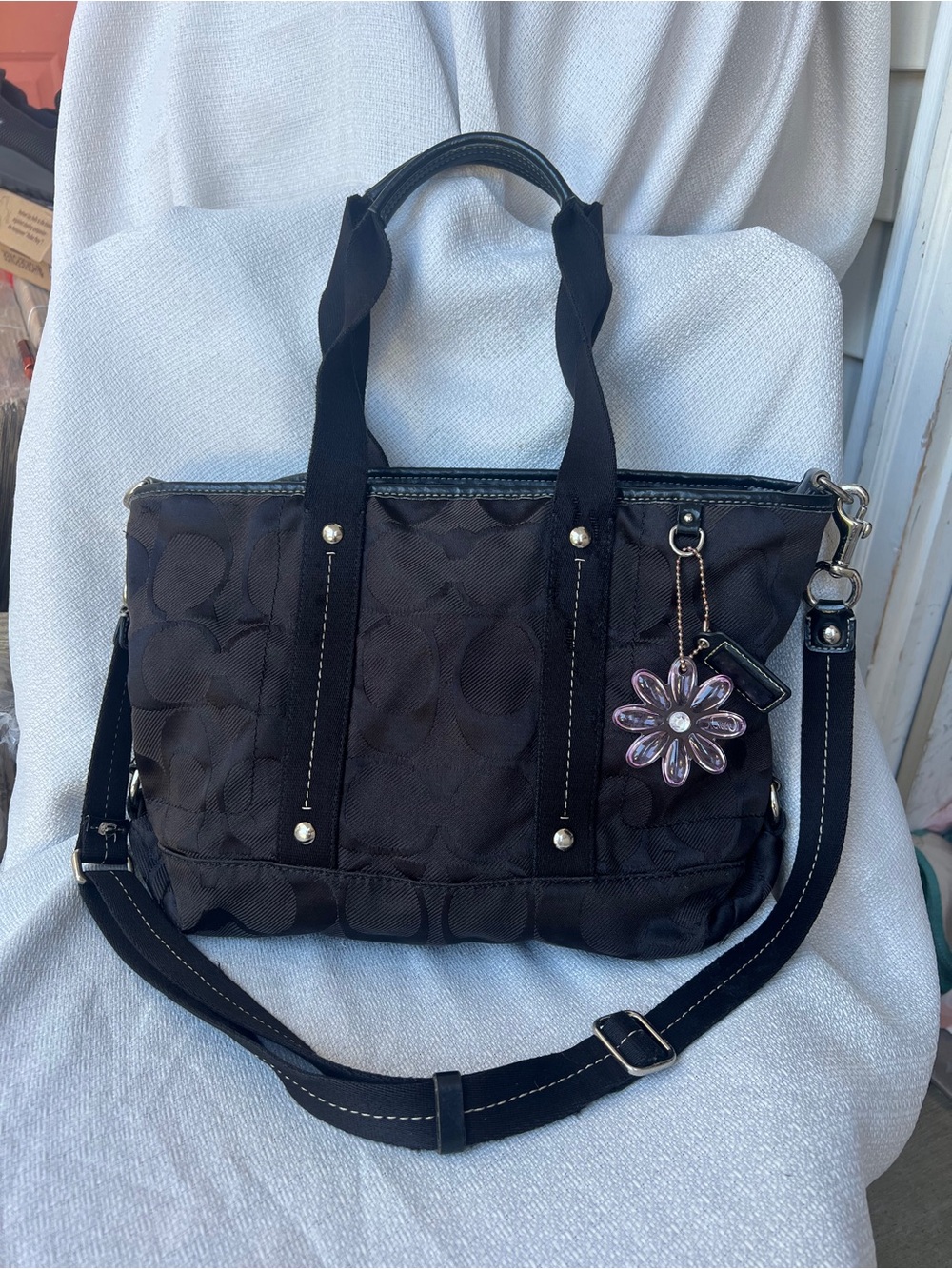 Coach Black Signature Tote with Purple Flower Charm - Picture 2 of 16